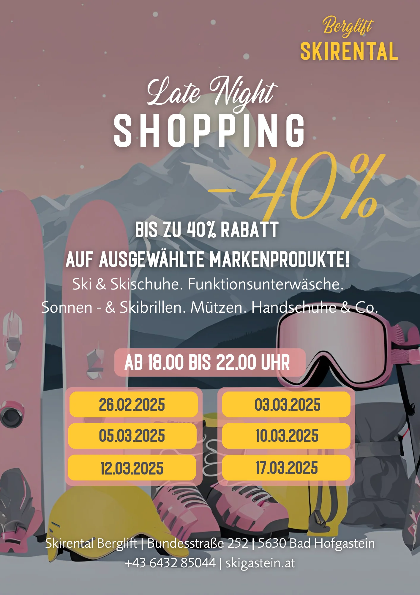 Late Night Shopping mit bis zu 40% Rabatt auf Skiausrüstung in Bad Hofgastein.